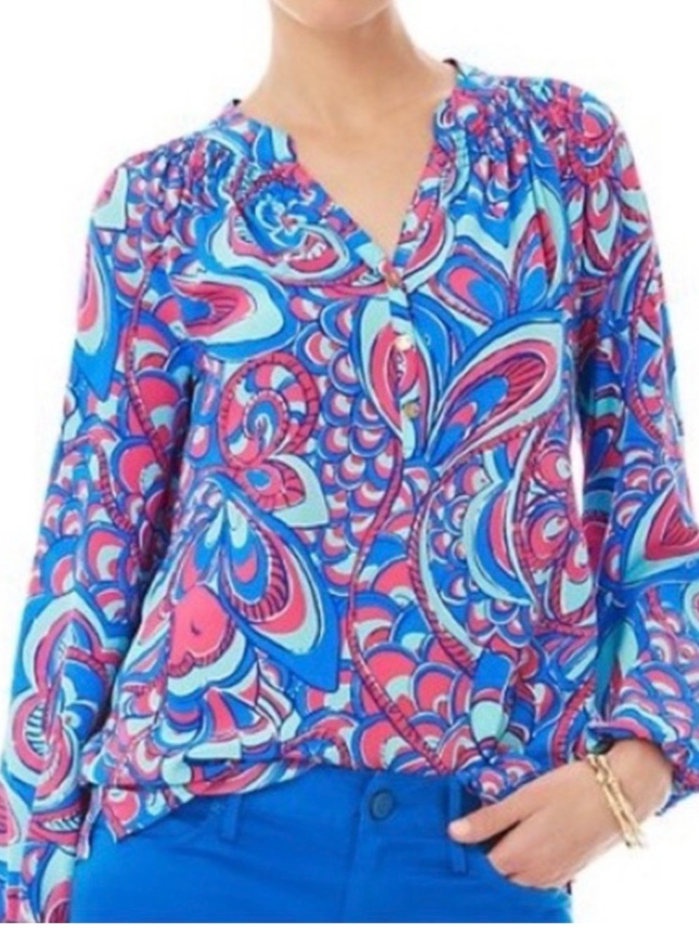 Lilly Pulitzer Elsa Silk Top Blouse S NWOT Reel Me In Blue Pink Extra Button